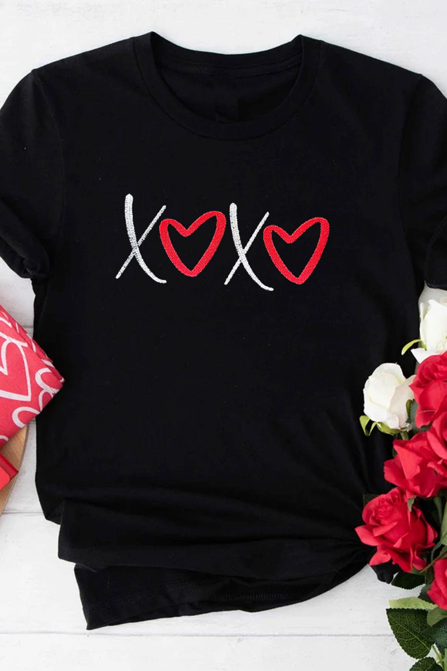 Black XOXO Valentines Heart Embroidered Casual Graphic Tee