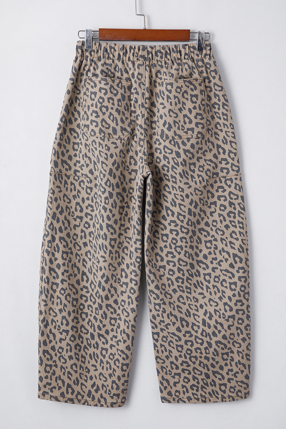 Khaki Leopard Printed Drawstring Elastic Waistband Pocketed Wide Leg Jeans