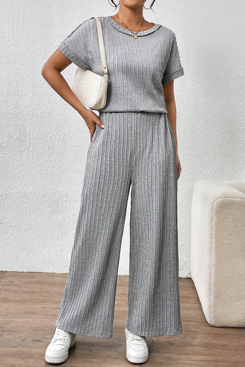 Gray Striped Texture Loose Tee and Pants Set