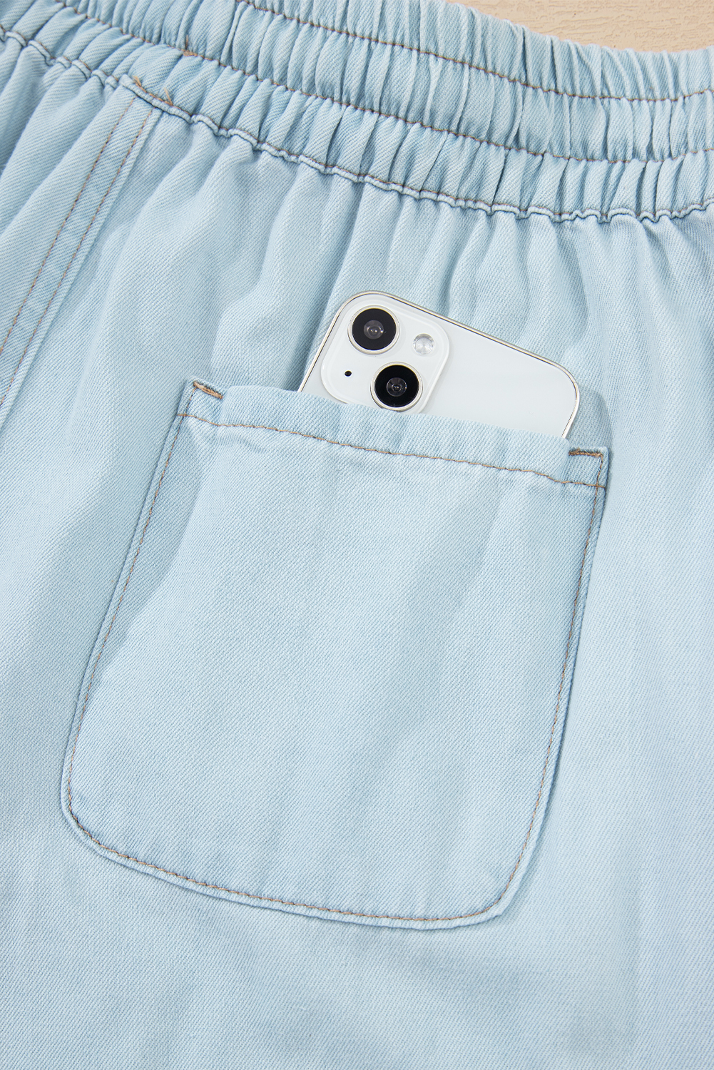 Beau Blue Light Wash Contrast Trim Center Seam Drawstring Elastic Waistband Wide Leg Denim Pants