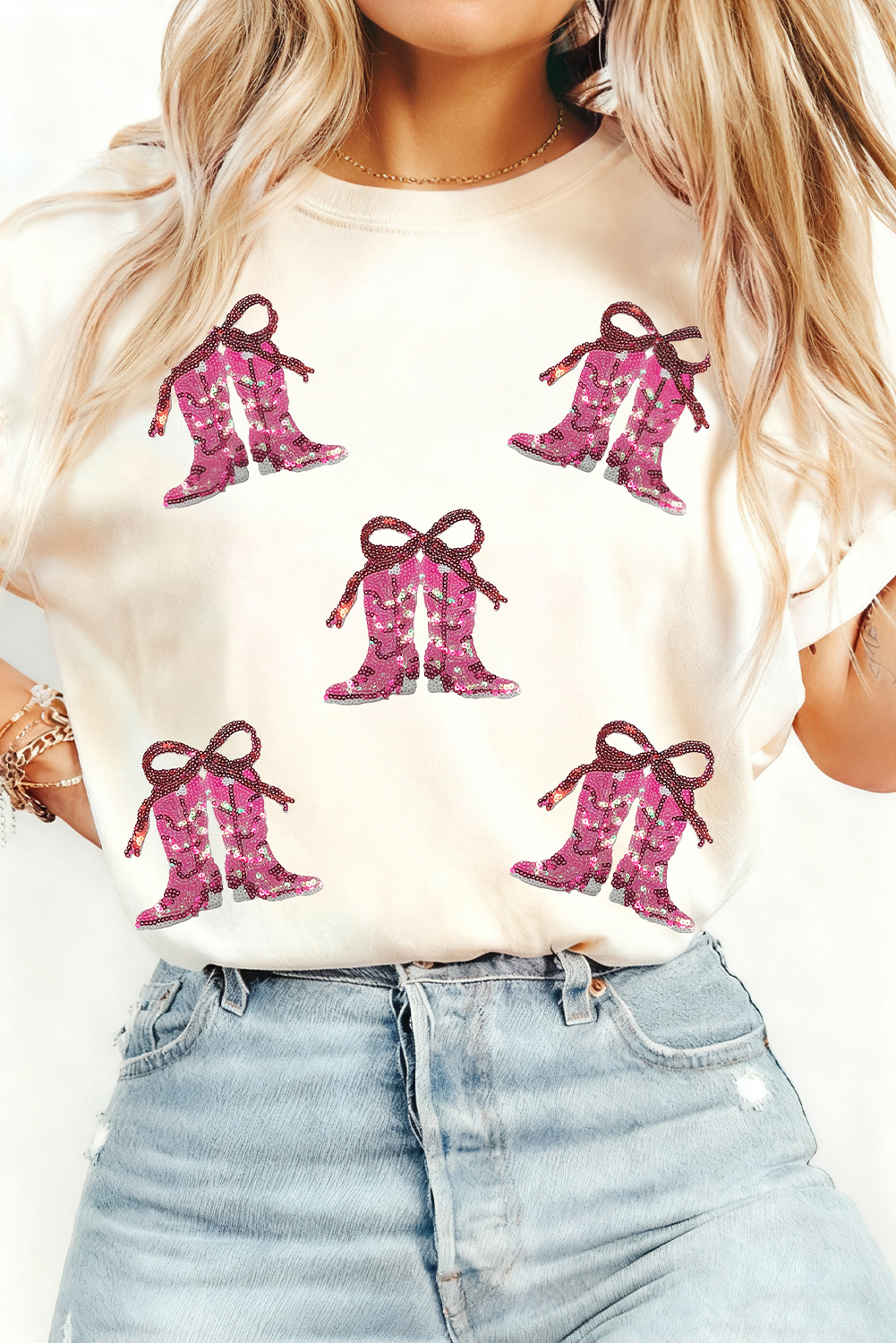 White Sequined Cowgirl Boots Patched Custom Print T Shirt