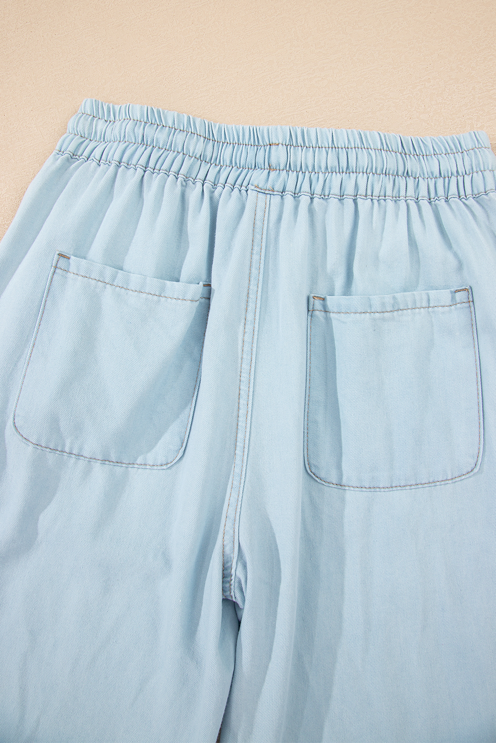 Beau Blue Light Wash Contrast Trim Center Seam Drawstring Elastic Waistband Wide Leg Denim Pants