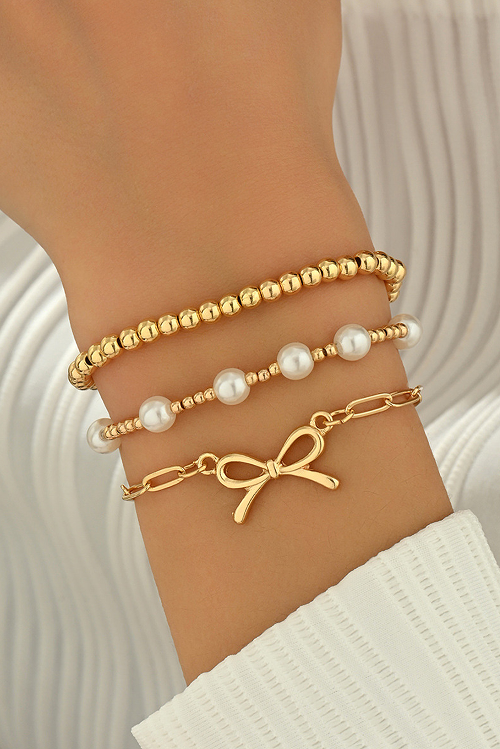 Gold Bow Chain Link Pearl Beaded Multi Layer Bracelet