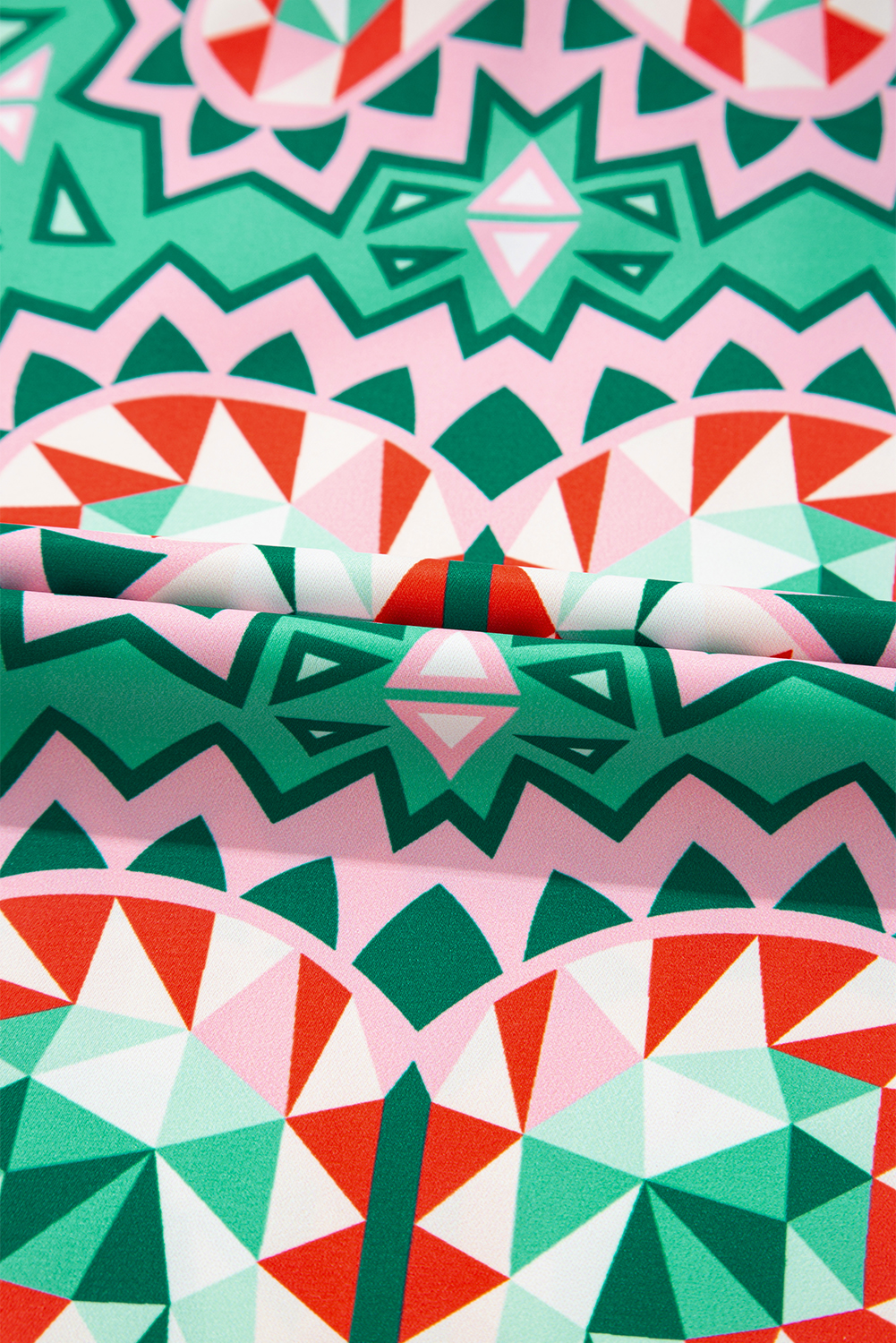 Sea Green Boho Abstract Print Contrast Striped Collared V Neck Blouse