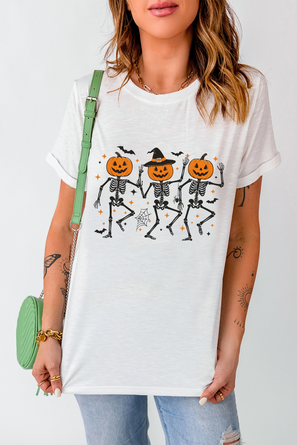 White Halloween Pumpkin Skeleton Graphic Cotton Blend Tee