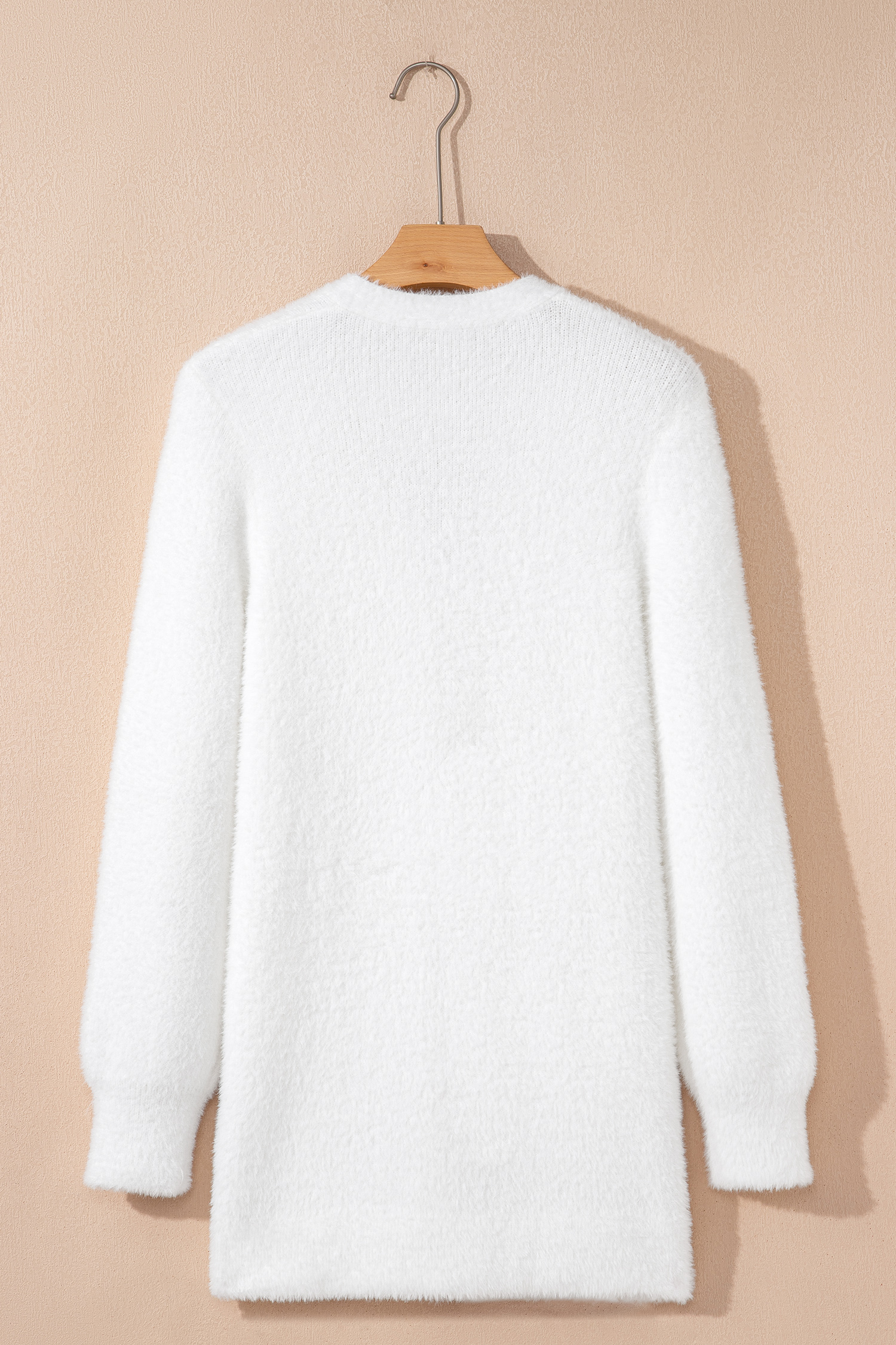 White Fuzzy Buttoned Front Midi Solid Cardigan
