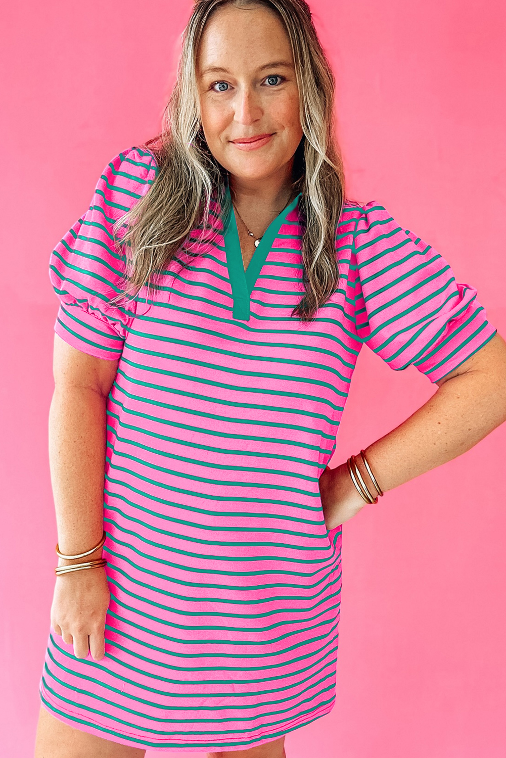 Pink Stripe Collared V Neck Puff Sleeve T Shirt Dress