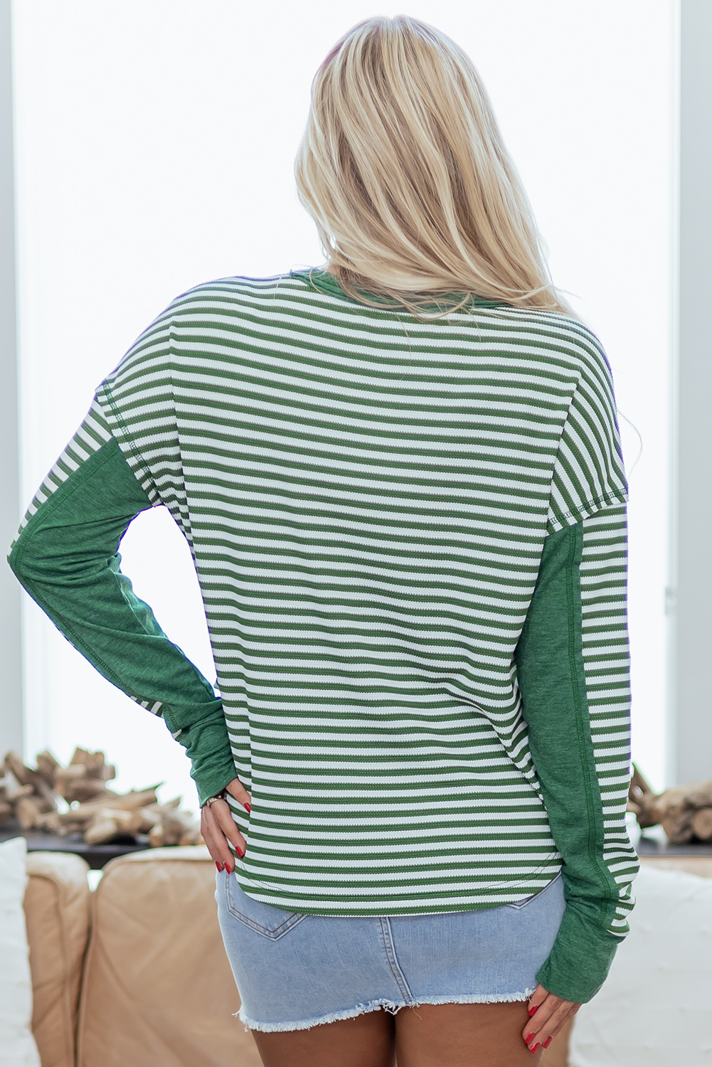 Dearlovers Green Stripe Thermal Knit Drop Shoulder Casual Top
