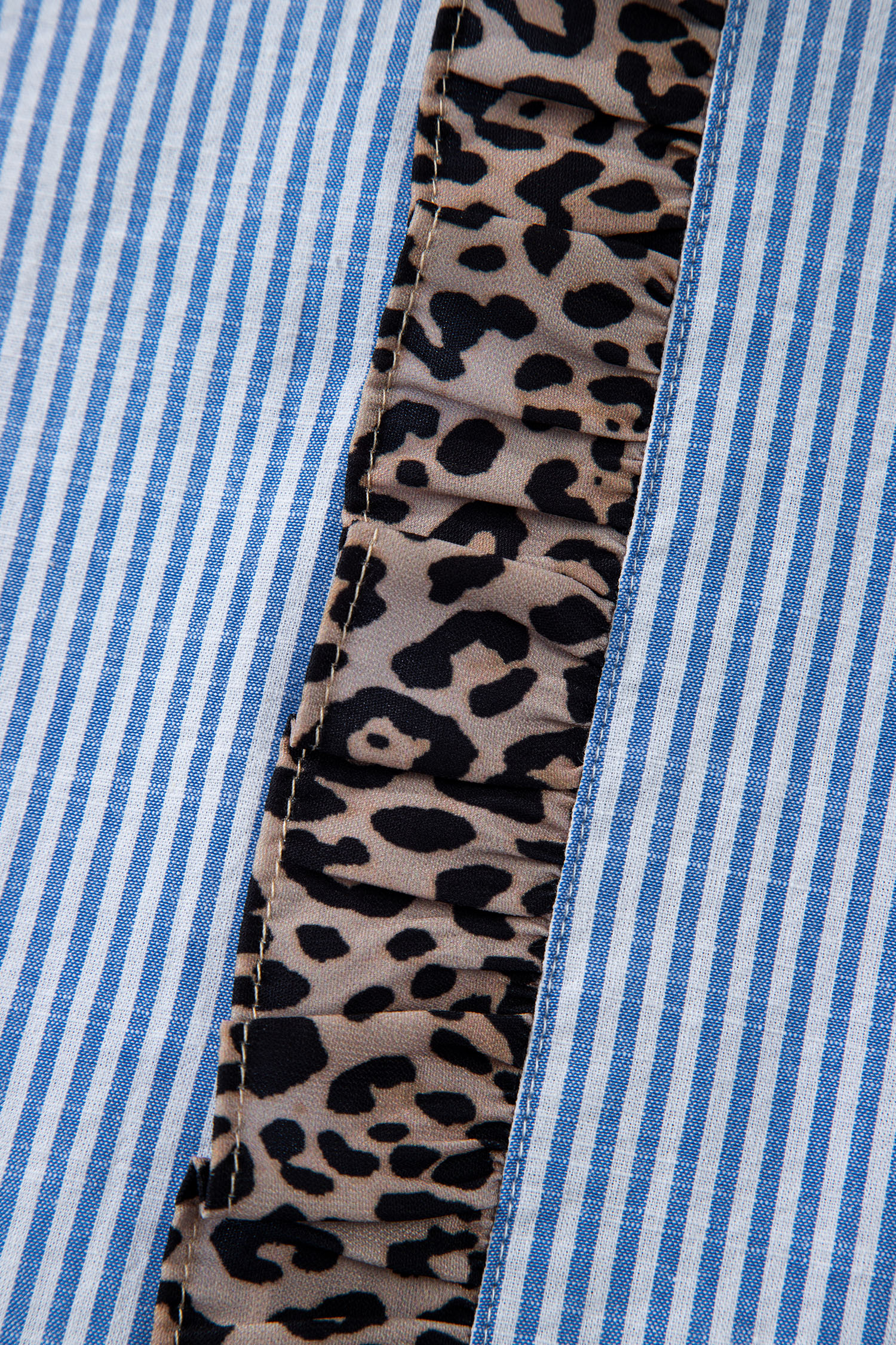 Sky Blue Stripe Contrast Frilled Leopard Trim Casual Long Sleeve Shirt