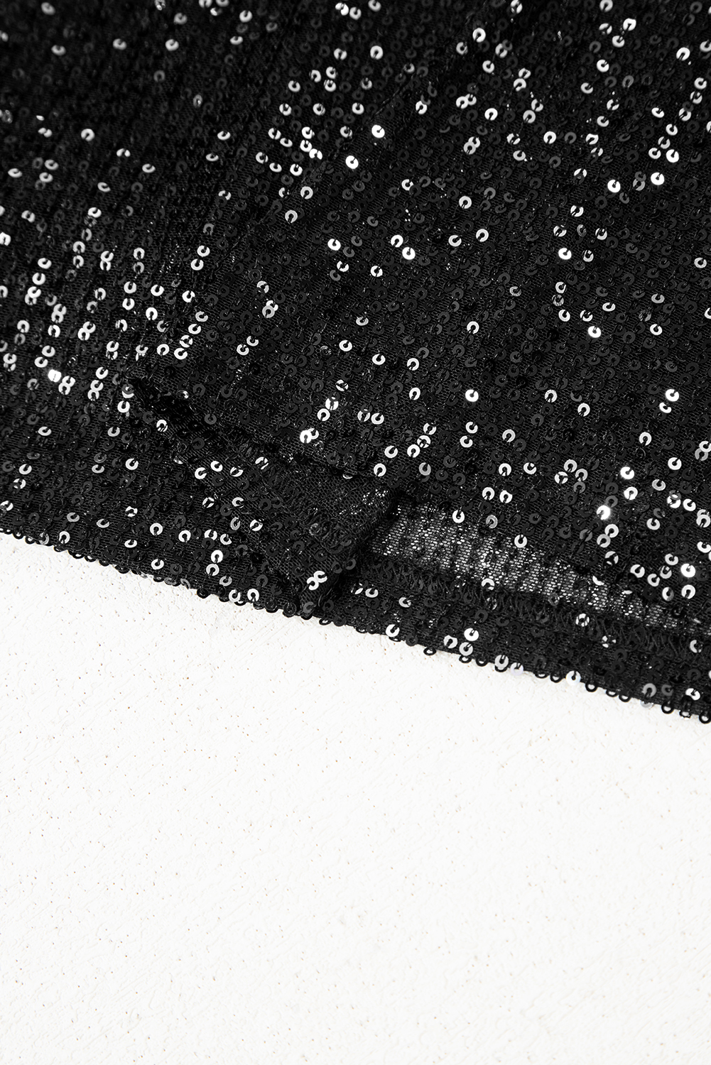 Jet Stream Sequin Mock Neck Drape Open Back Bell Sleeve Top