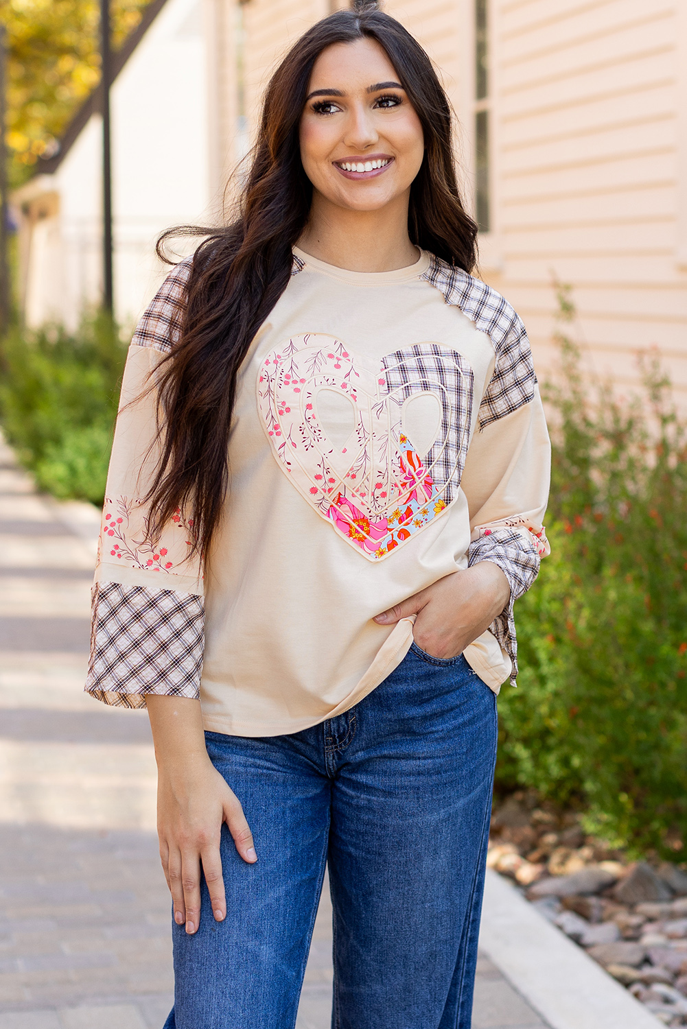 Beige Flower Patch Graphic Exposed Seam Wide Sleeve Top