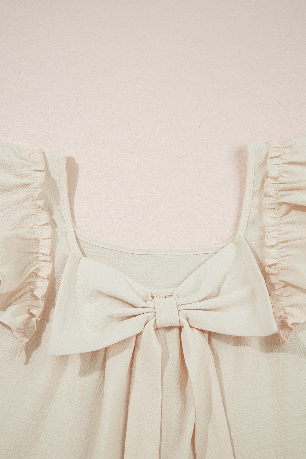 Beau Blue Textured Bow Knot Frilled Butterfly Sleeve Blouse