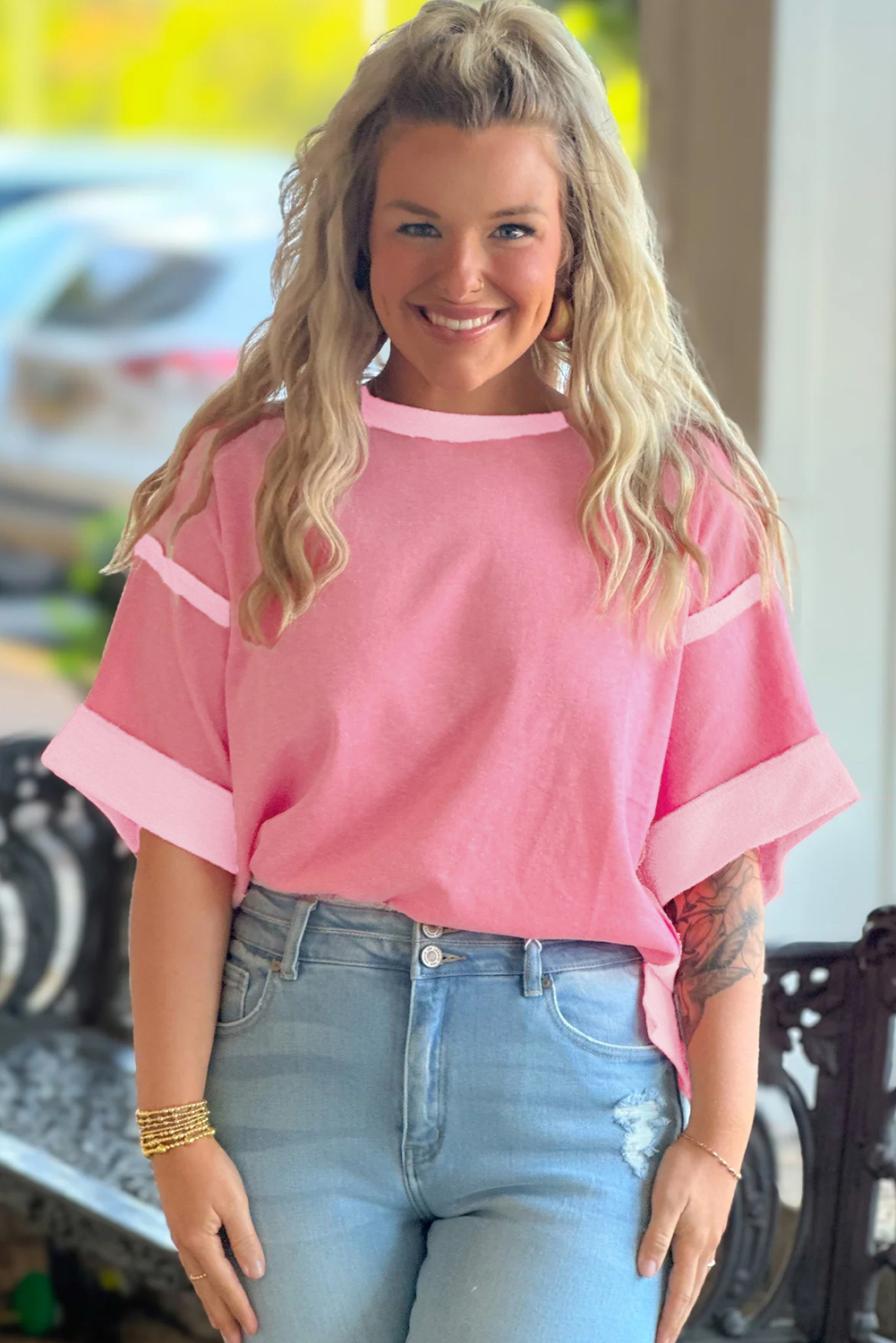 Smoke Green Half Sleeve Raw Seam High Low Side Split Top