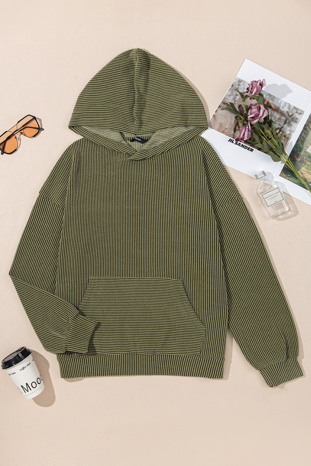 Smoke Gray Twisted Rib Texture Solid Hoodie