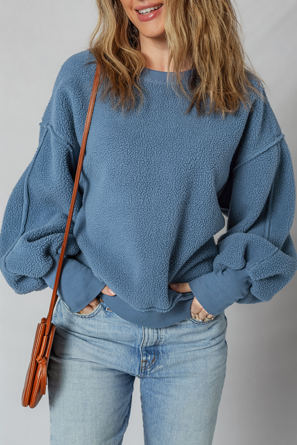 Sail Blue Fleece Drop Shoulder Exposed Seam Patchwork Casual Sweatshirt