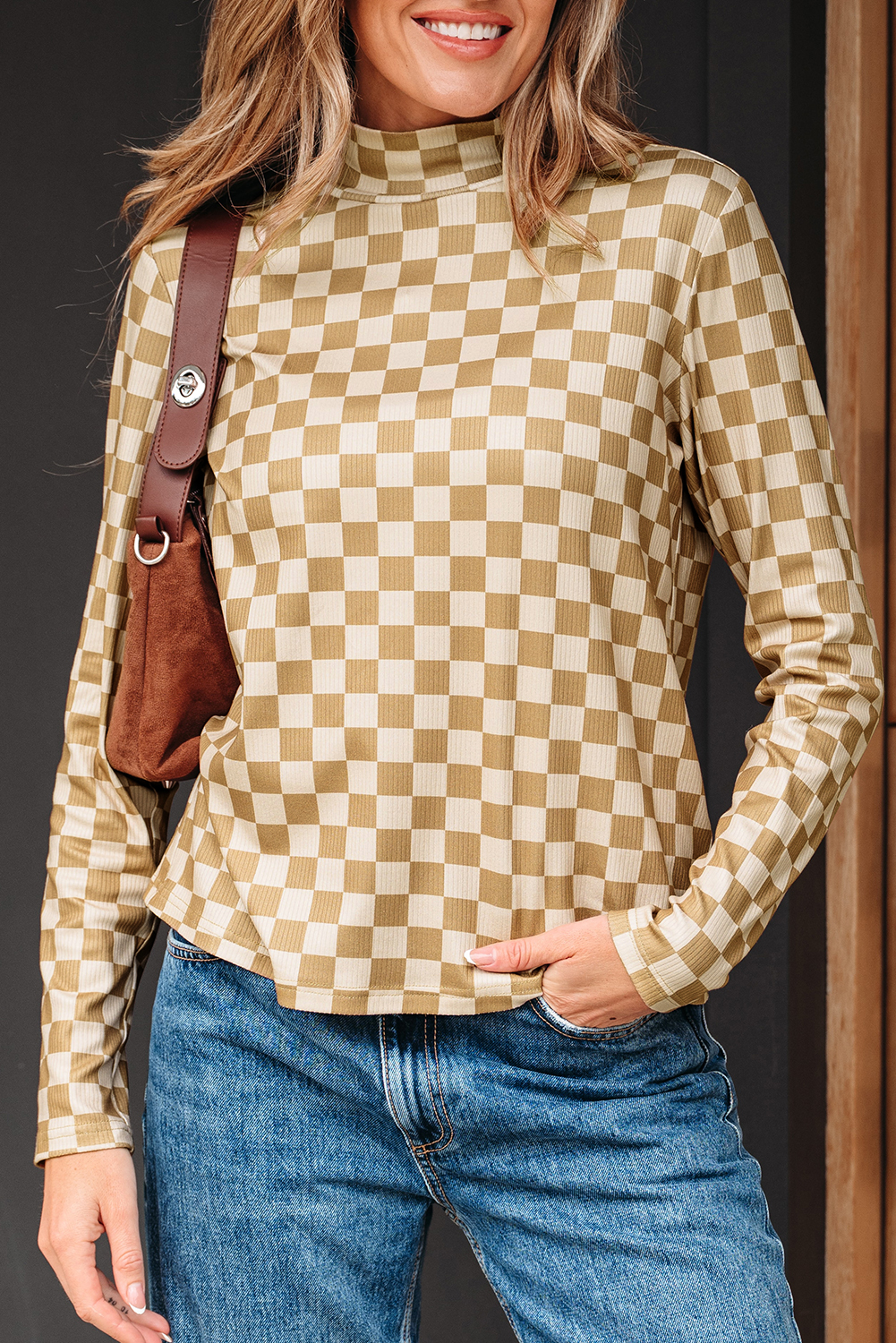 Khaki Check Pattern Turtleneck Ribbed Slim Long Sleeve Tee