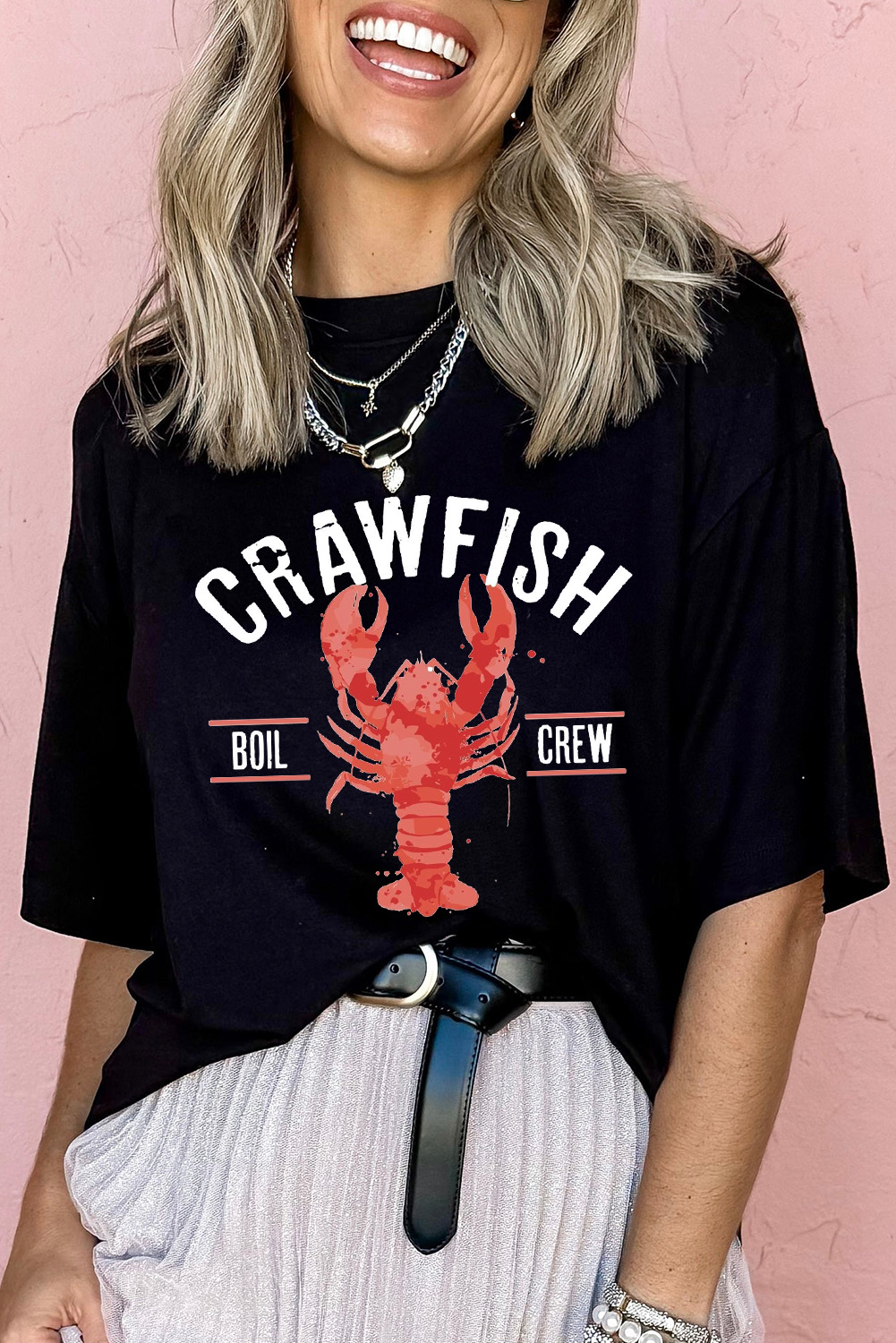Black CRAWFISH BOIL CREW Distressed Letter Graphic T Shirt