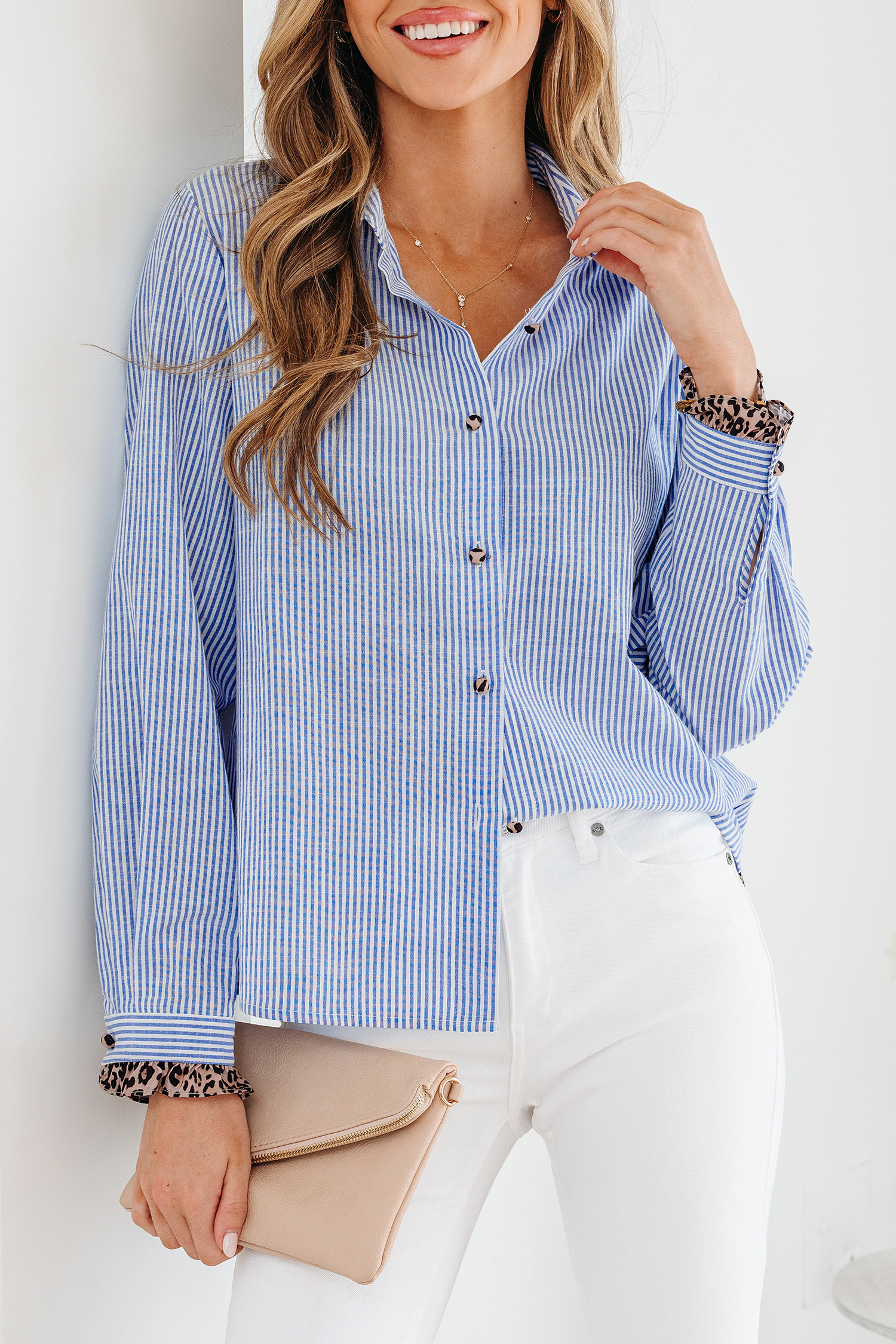 Sky Blue Stripe Contrast Frilled Leopard Trim Casual Long Sleeve Shirt