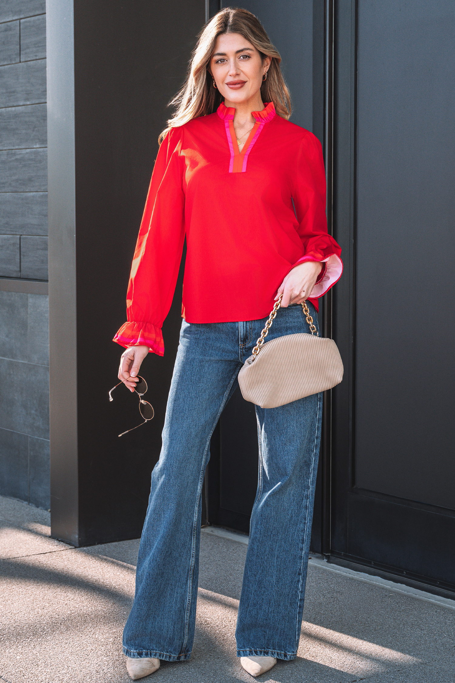 Four Leaf Clover Striped Trim Ruffle Split Neck Long Sleeve Blouse