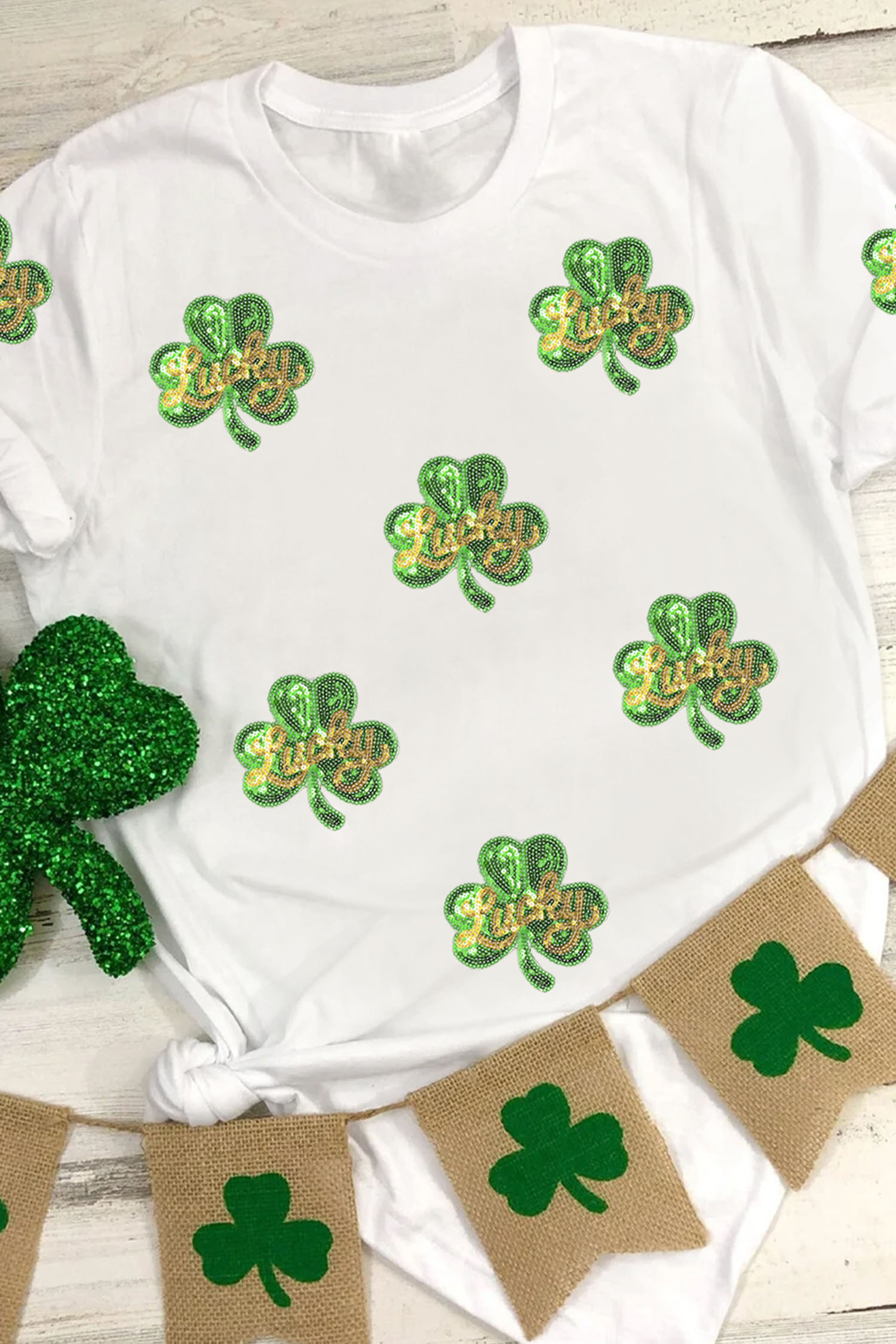 White Sequin Lucky Clover Patched Casual Round Neck Tee