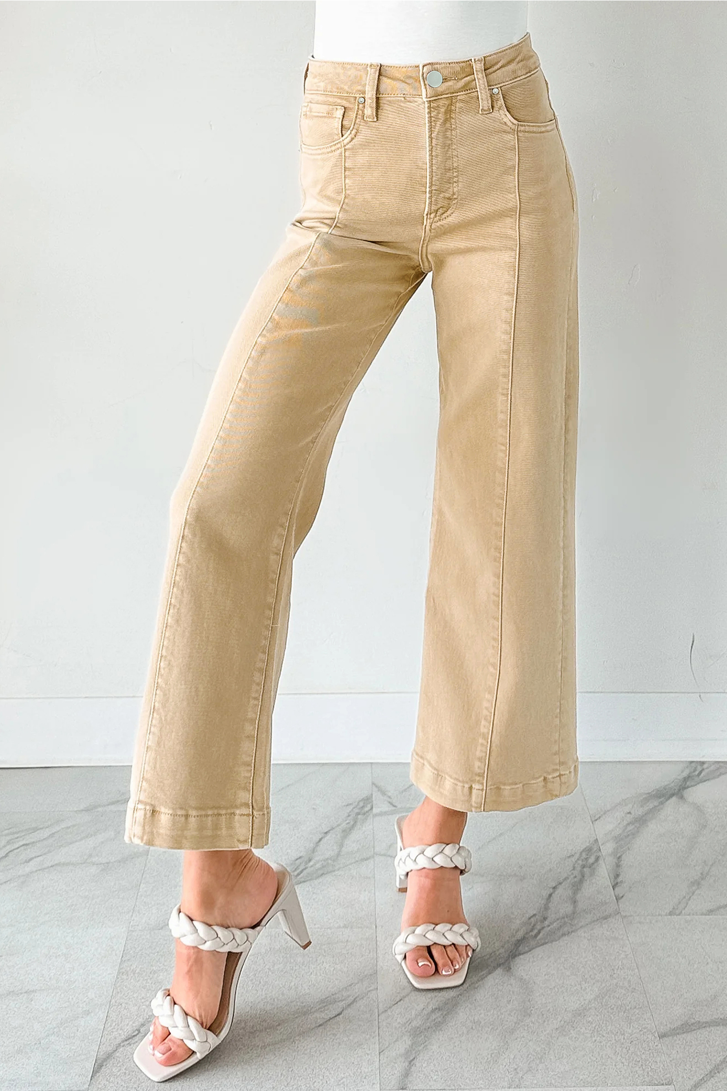 Apricot Solid Color Seamed Center Wide Leg Cropped Jeans