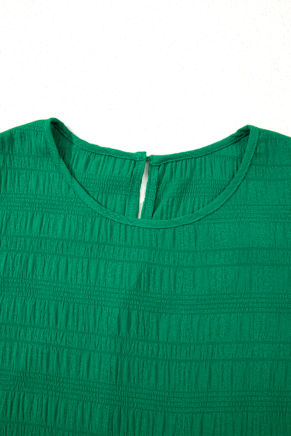 Dark Green Textured Ruffled Sleeve Round Neck Top