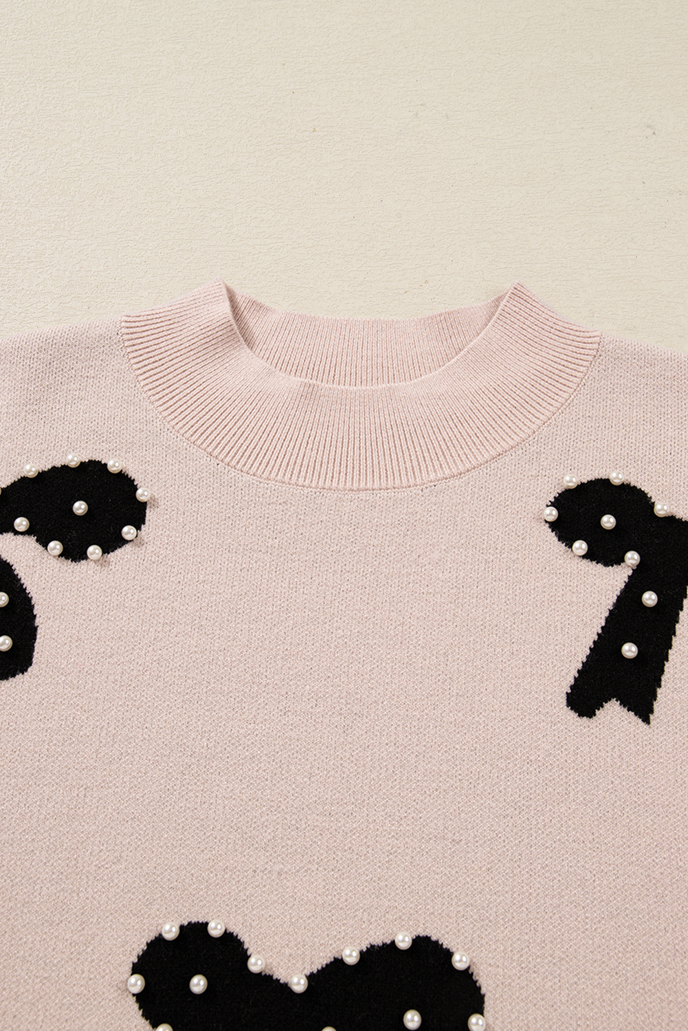 Bright Pink Pearl Embellished Bow Pattern Loose Sweater