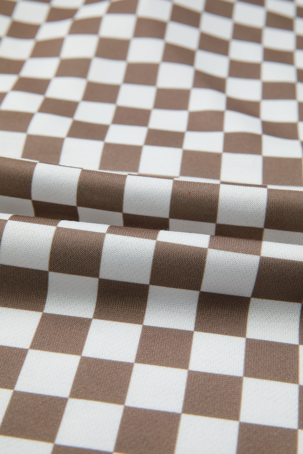 Khaki Checkered Print Polo Collar Cropped Long Sleeve Top Drawstring Mini Skirt Set