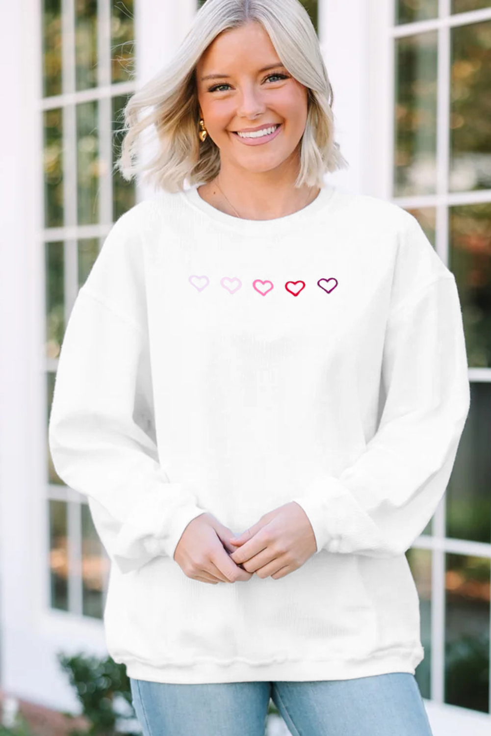 White 3d Ribbed XOXO Heart Embroidered Drop Shoulder Sweatshirt