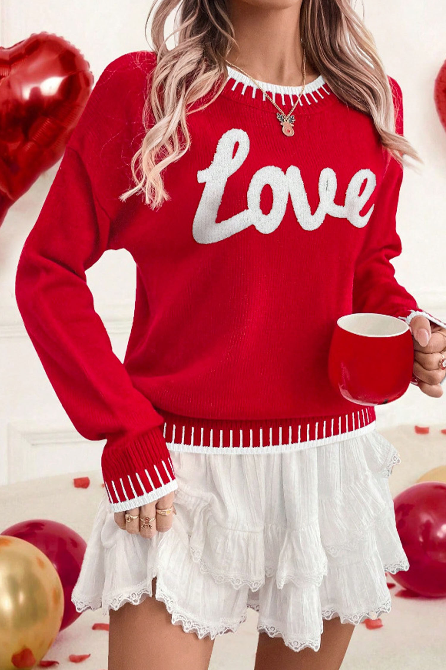 Light Blue Valentine Love Chenille Letter Graphic Sweater
