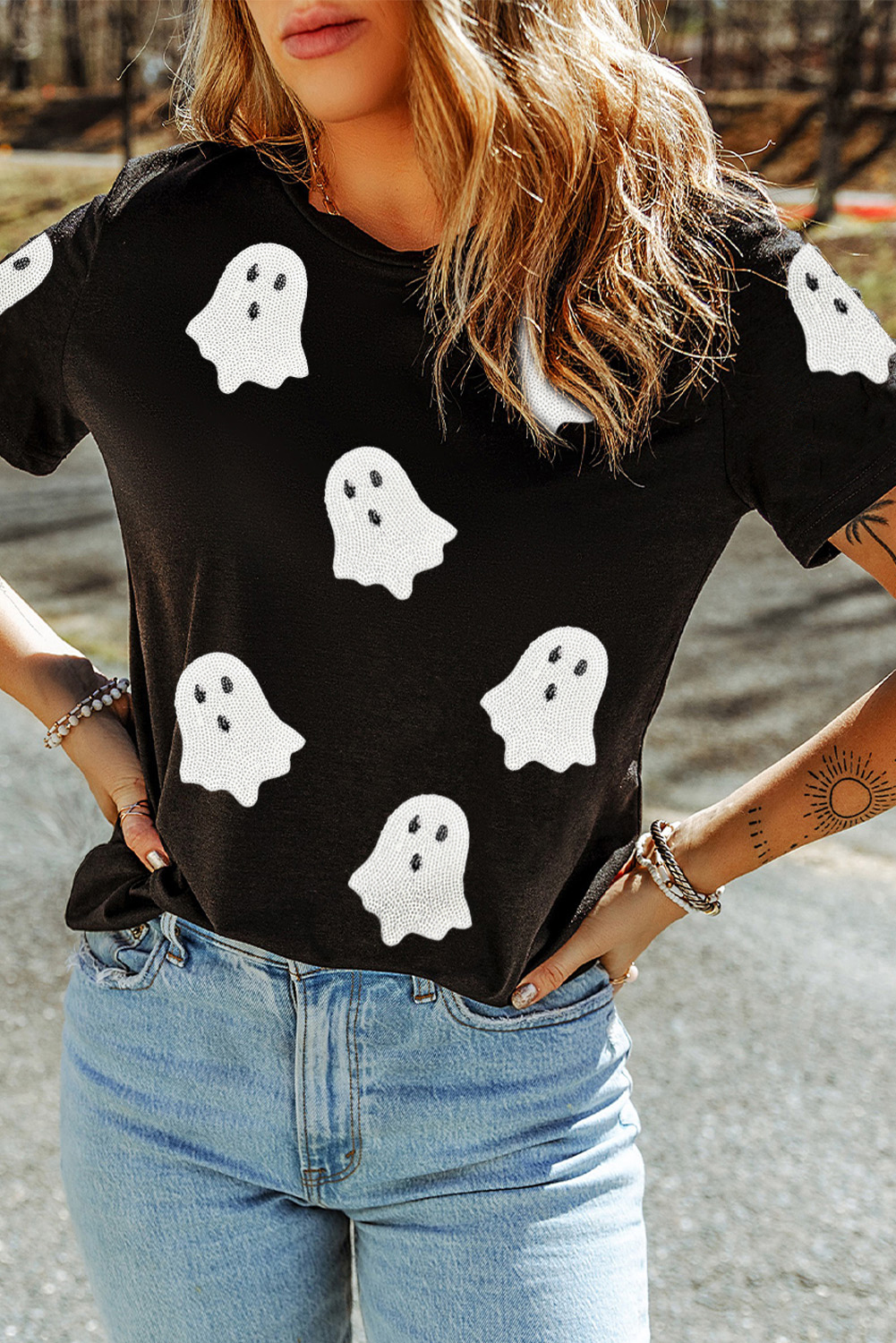 Wisteria Glitter Trim Chenille Ghost Patched Halloween Graphic Tee