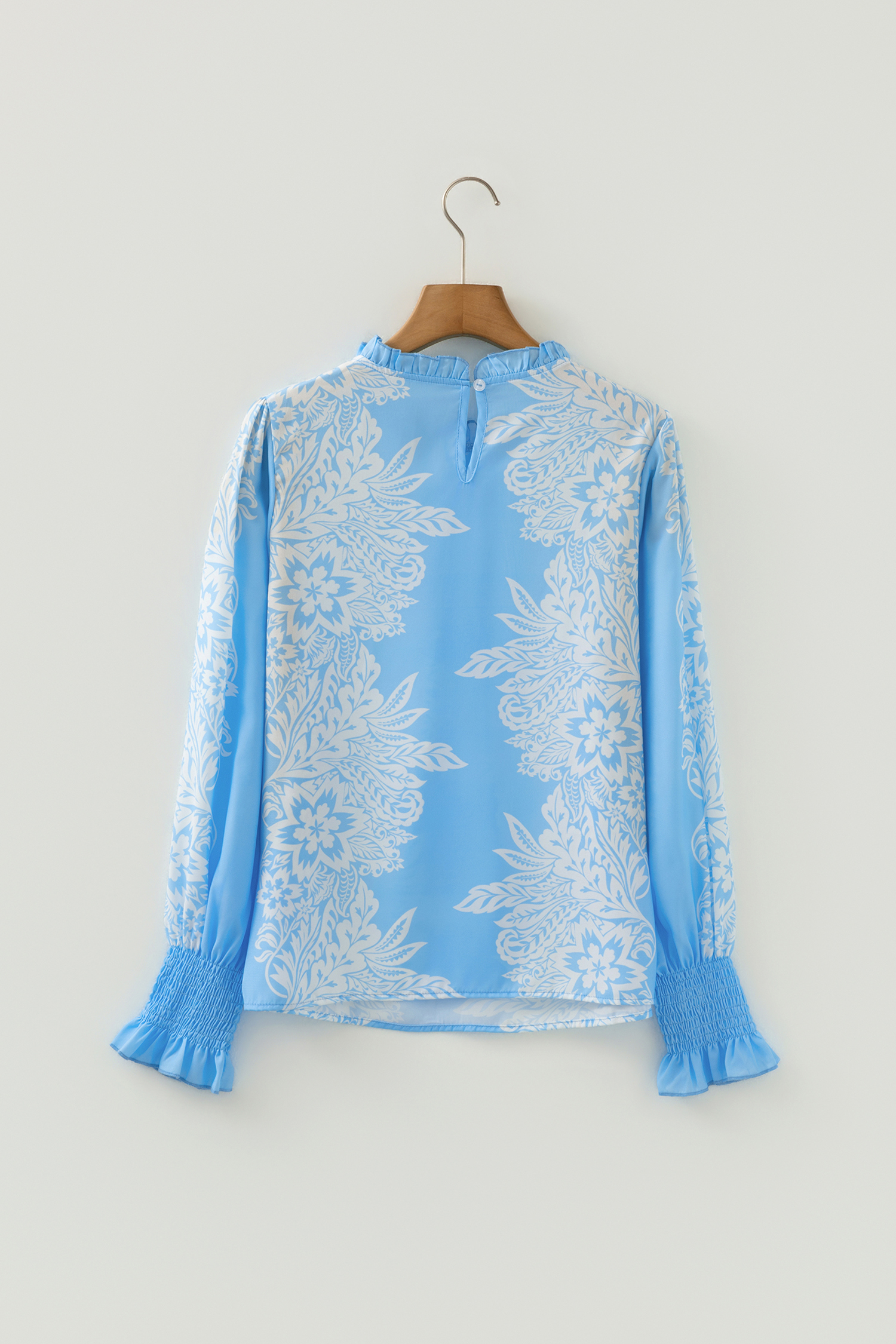 Sky Blue Ruffled Collar Puff Sleeve Flower Blouse