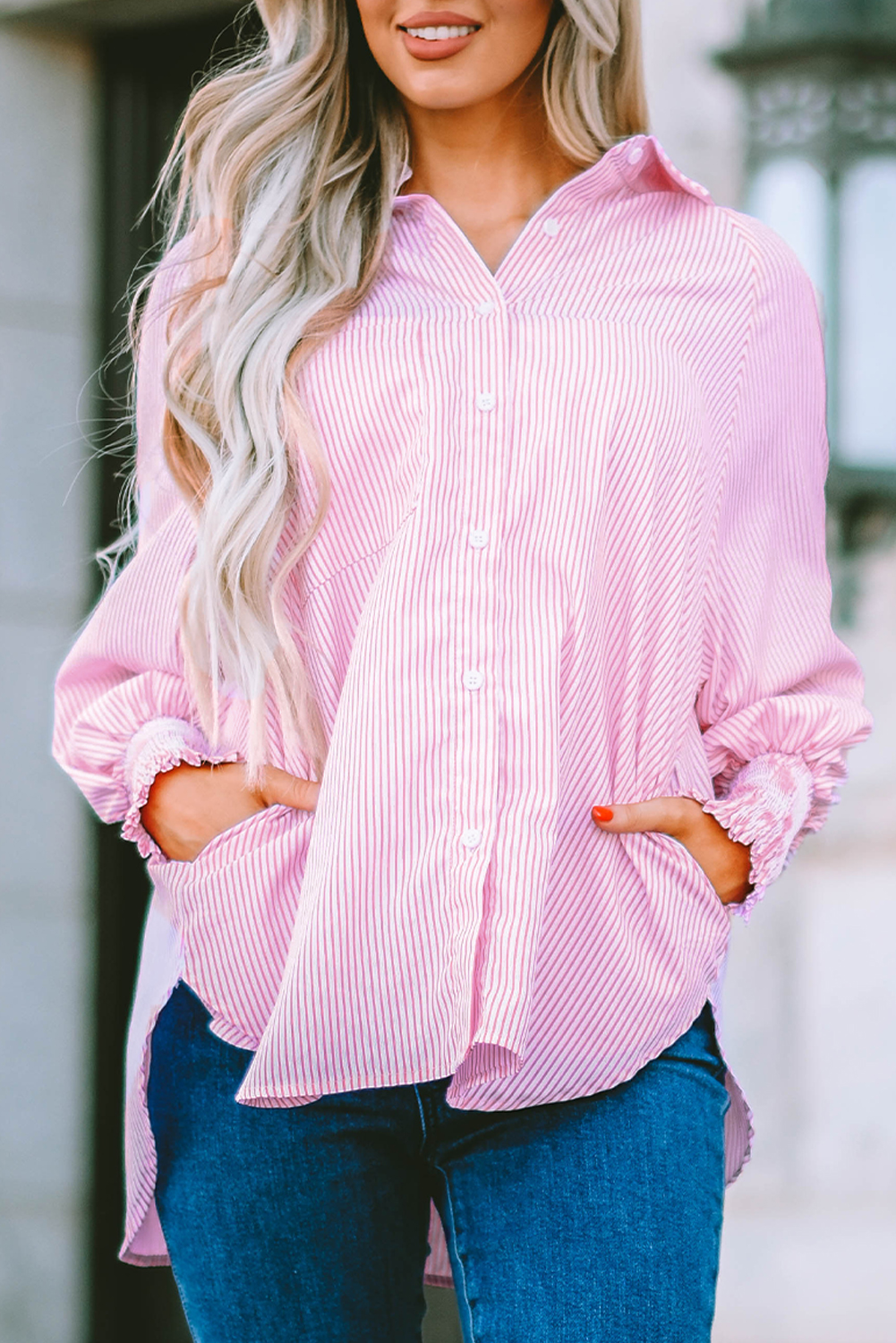 Red Stripe Smocked Cuffed Striped Boyfriend Shirt with Pocket