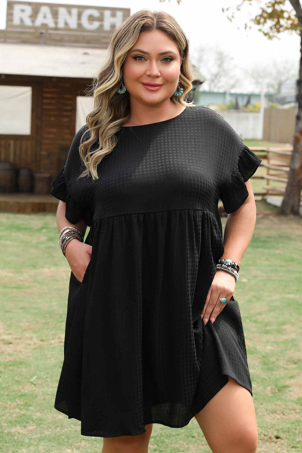 Black Textured Ruffled Sleeve Babydoll Plus Dress