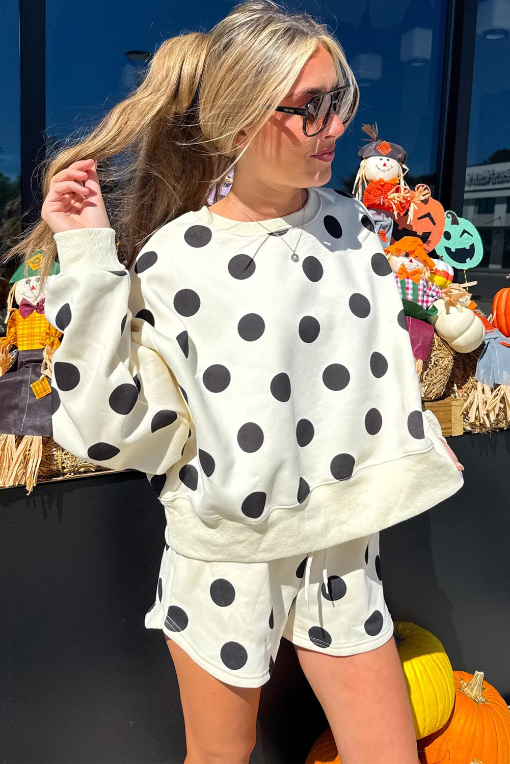 Beige Polka Dot Print Drop Shoulder Pullover Drawstring Jogger Pant Set