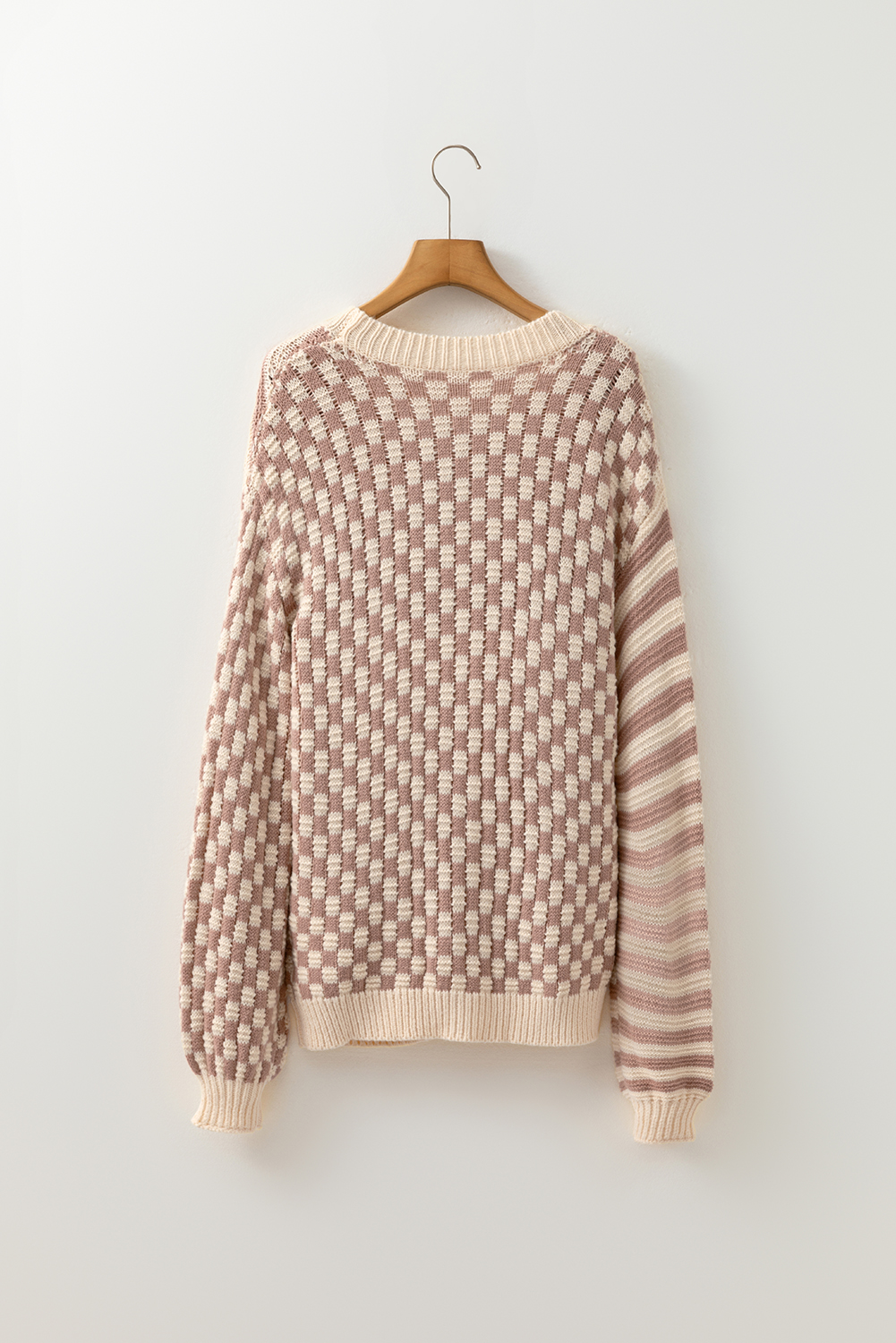 Khaki Stripe Checkerboard Drop Shoulder Balloon Sleeve Sweater