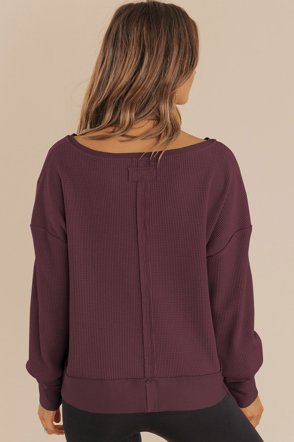 Dark Brown Waffle Knit Notched V Neck Drop Shoulder Solid Sweatshirt