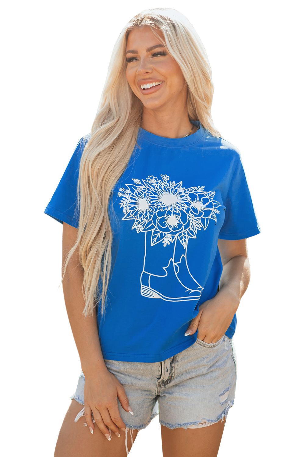 Blue Sunflower Boots Graphic Western Fashion T Shirt