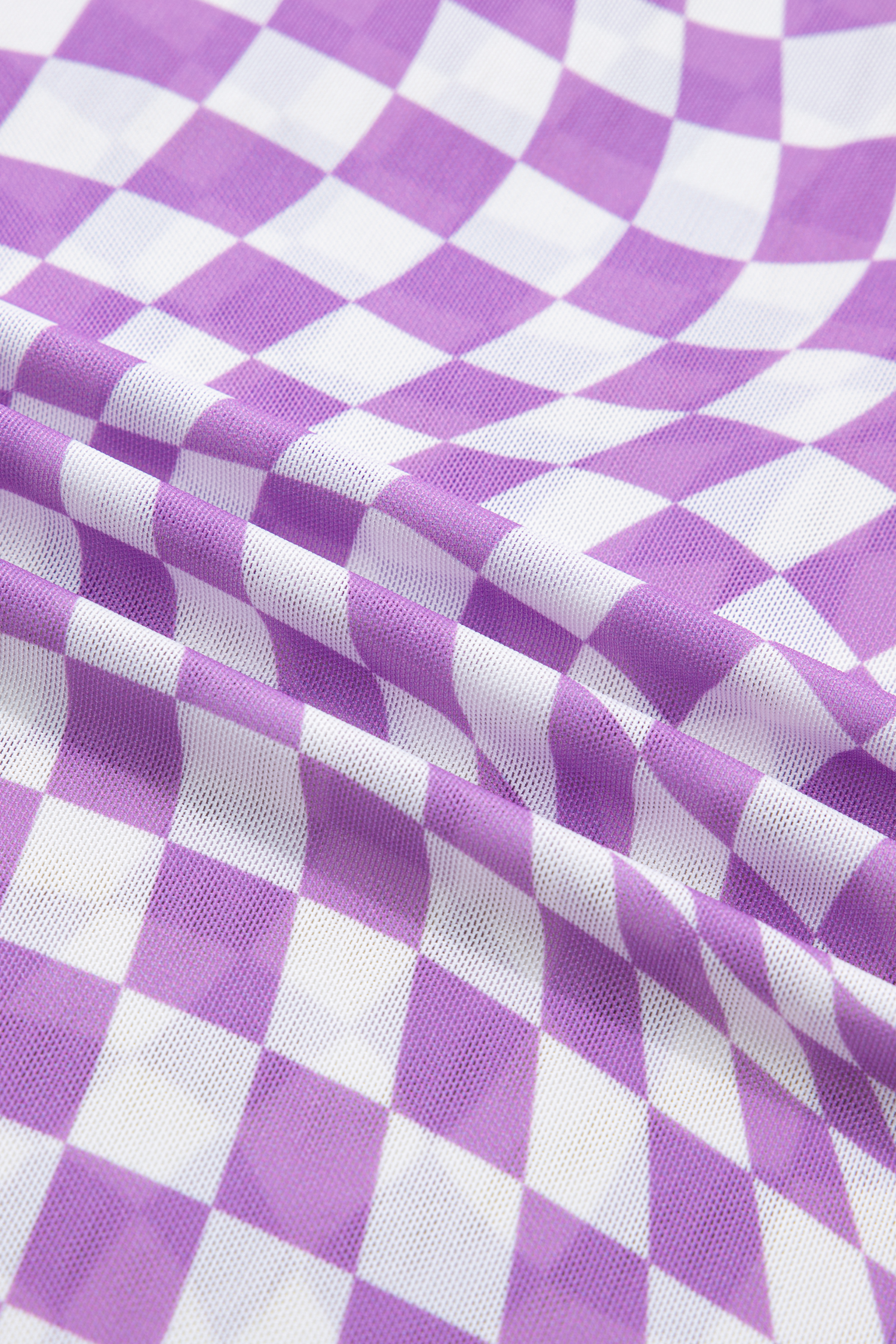 Purple Checkered Print Mock Neck Mesh T Shirt