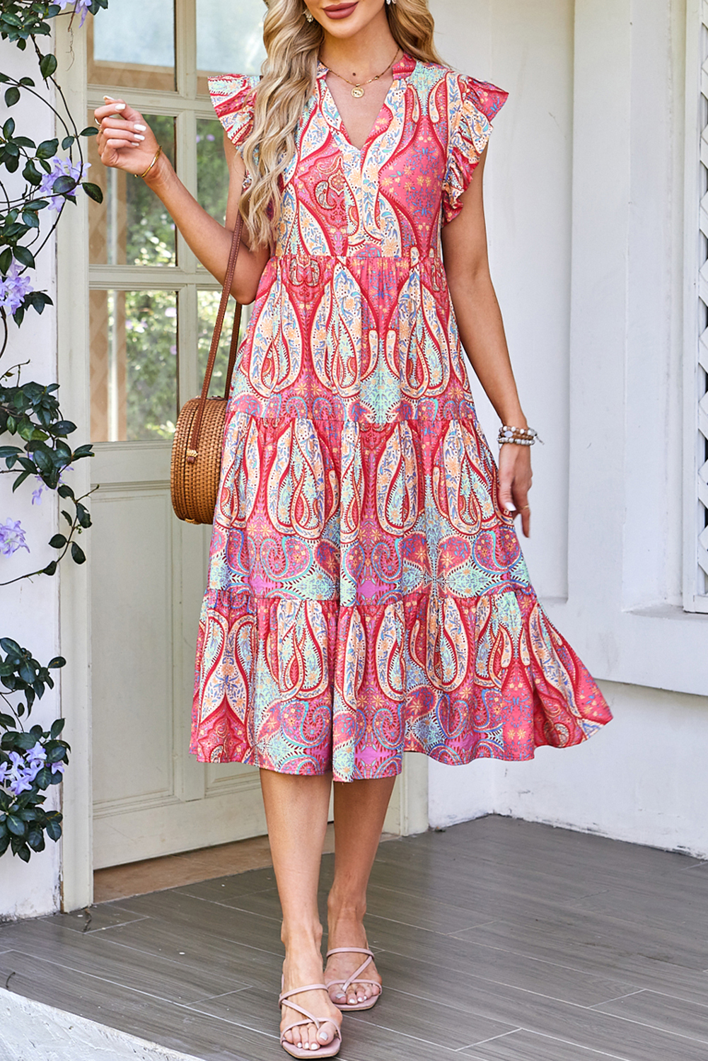 Rose Tribal Paisley Print Ruffled Sleeve Notch Neck Midi Dress