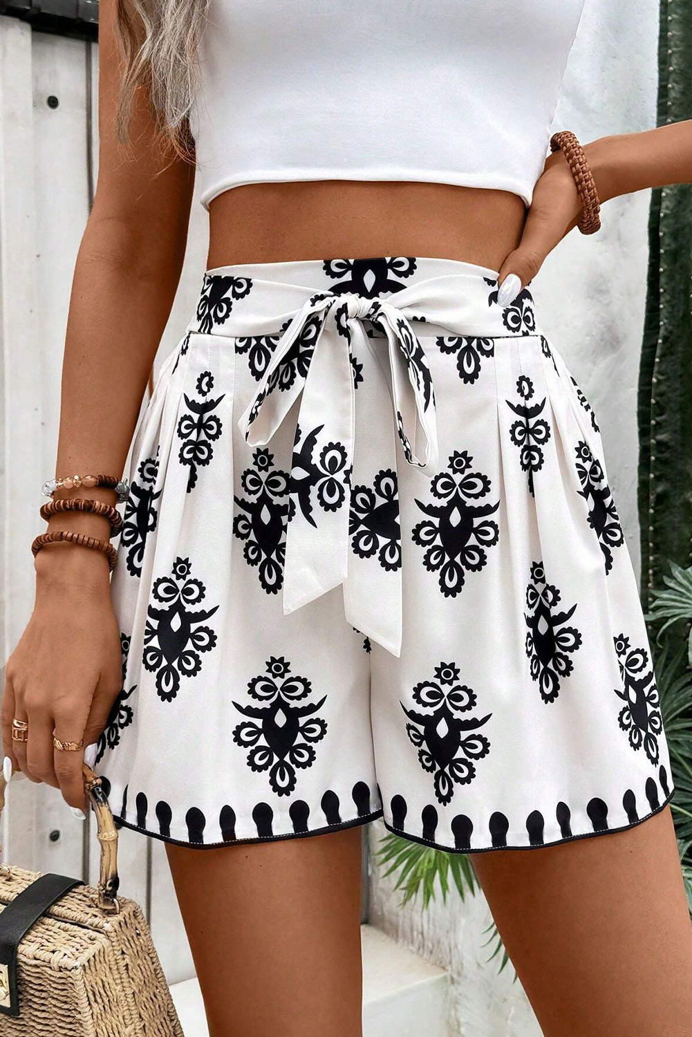 Beige Geometric Printed Sleeveless Hollowed Bowknot Back Mini Dress