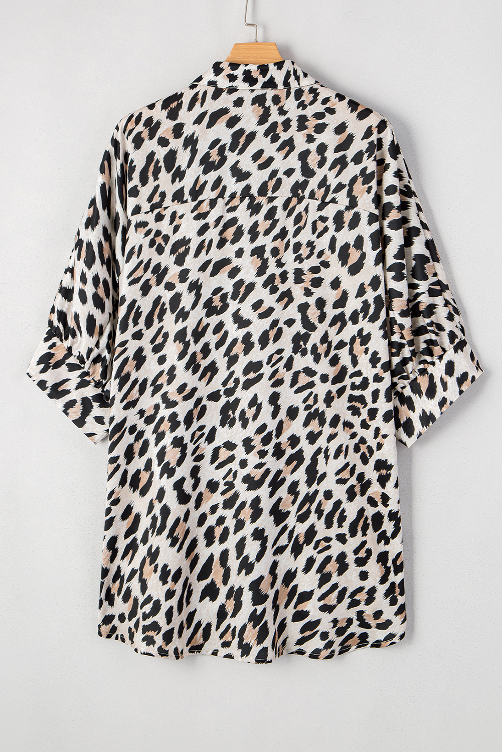 Beige Leopard Print Buttoned 3/4 Sleeve Loose Fit Shirt