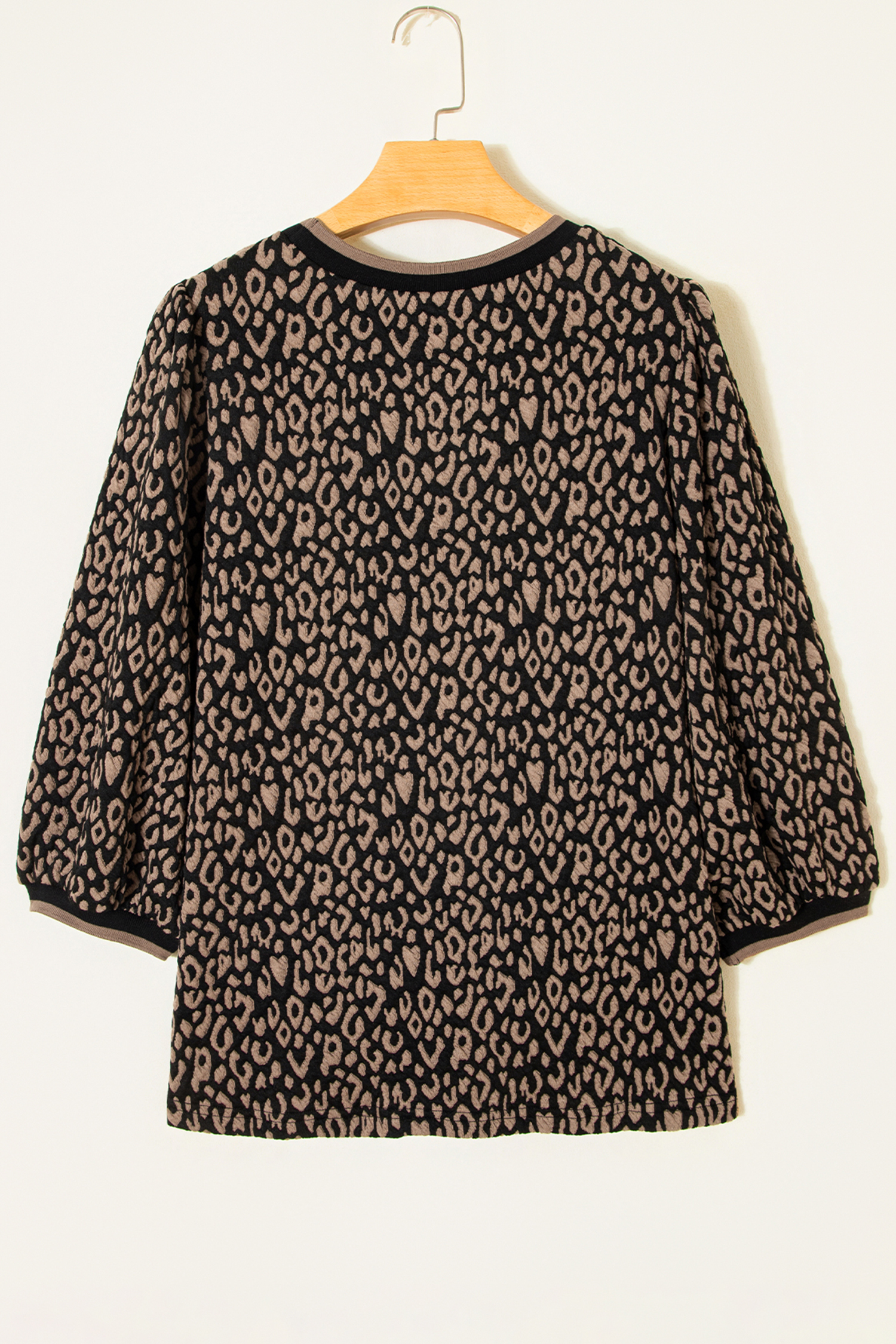 Black Leopard Print Puffy Bracelet Sleeve Contrast Trim Round Neck Top