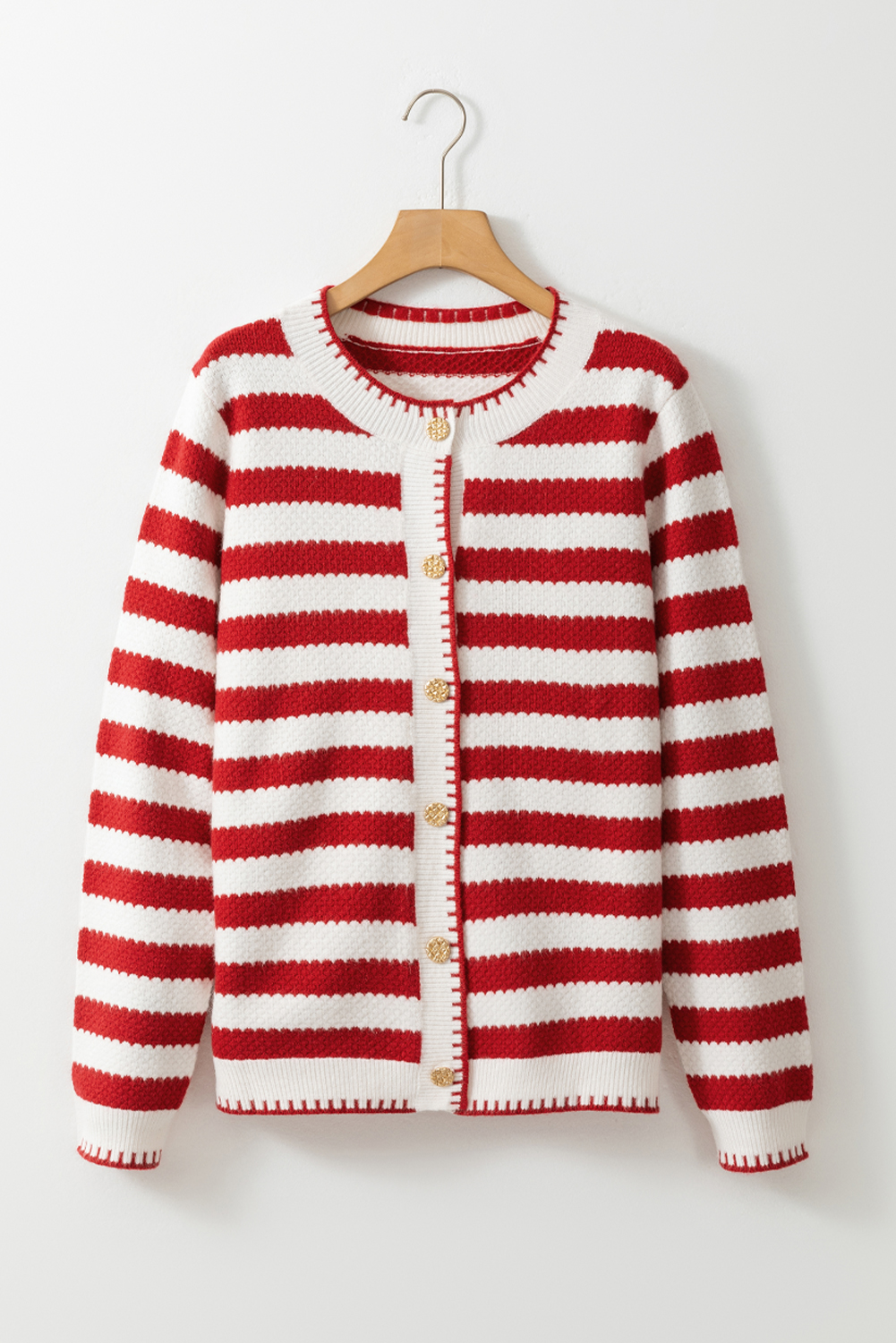 Red Stripe Chic Golden Button Cardigan Sweater