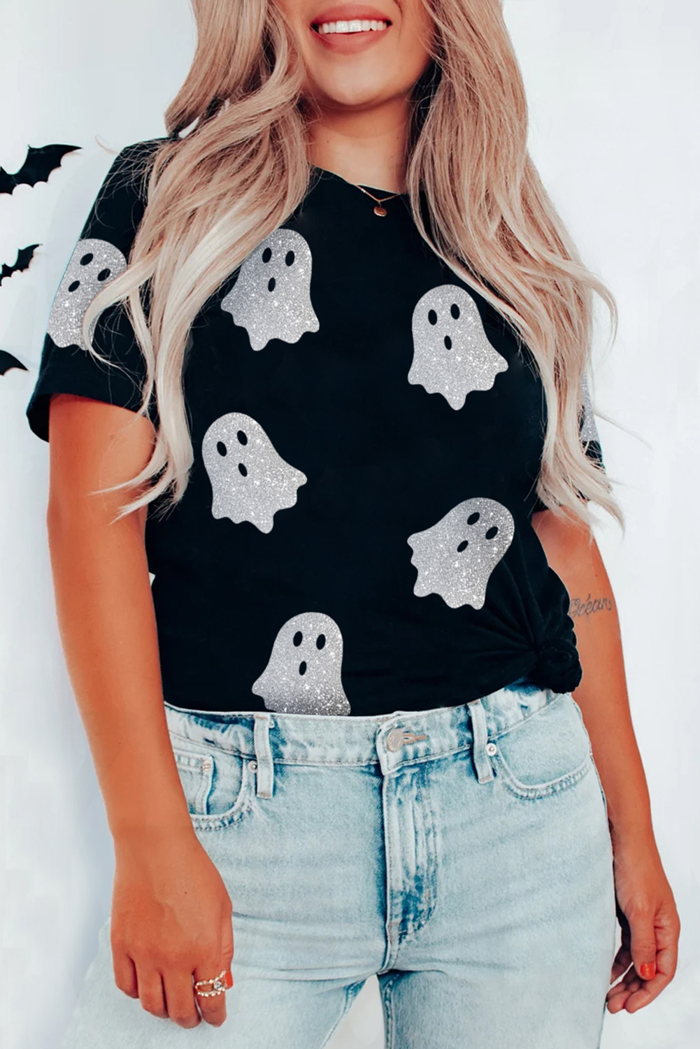 Wisteria Glitter Trim Chenille Ghost Patched Halloween Graphic Tee