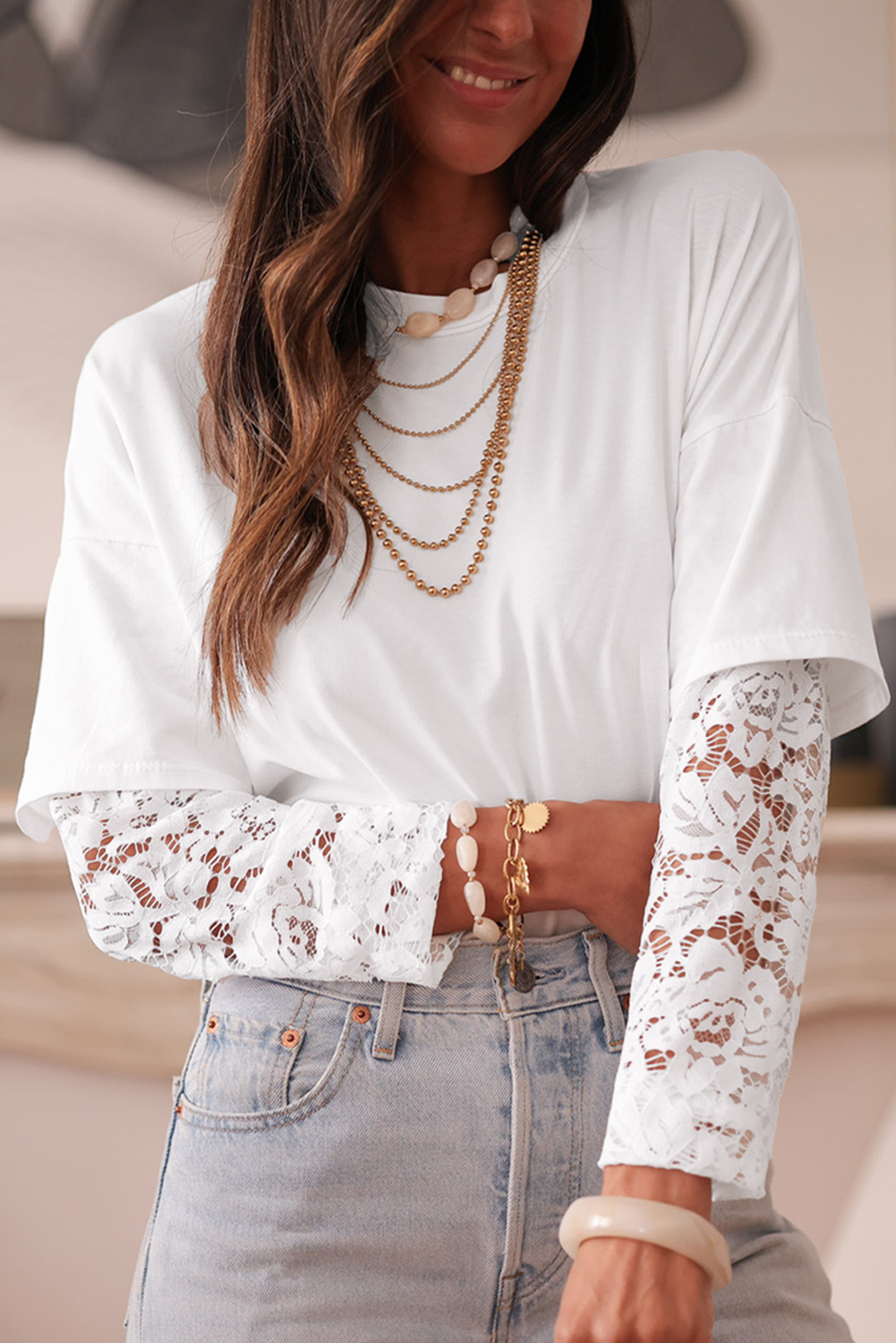 Black Lace Long Sleeve Insert Drop Shoulder Tee