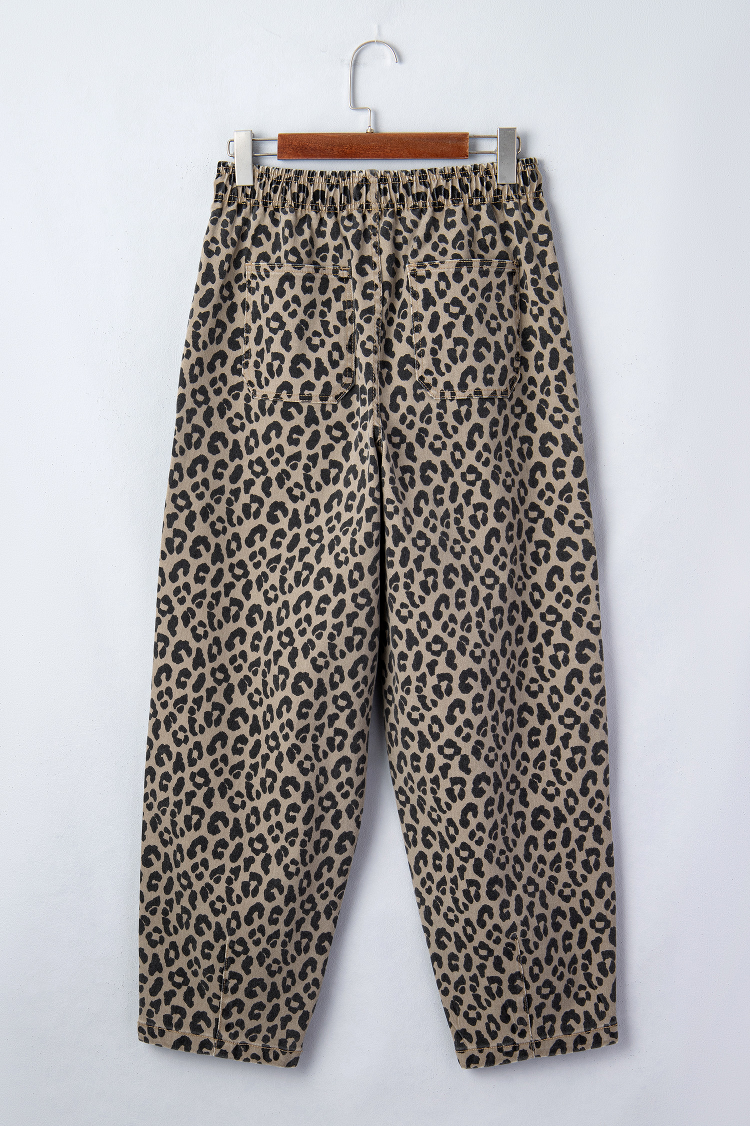 Khaki Leopard Print Drawstring Elastic Waist Loose Denim Pants with Pockets