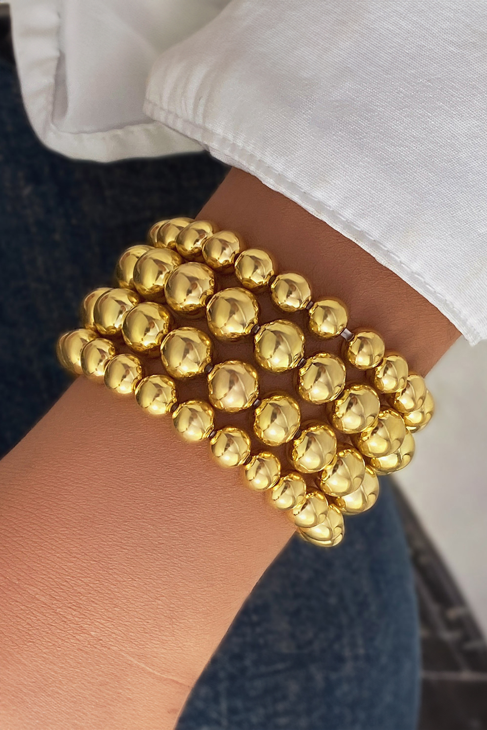 Gold Multi Layered Plated Alloy Beaded Elastic Bracelet
