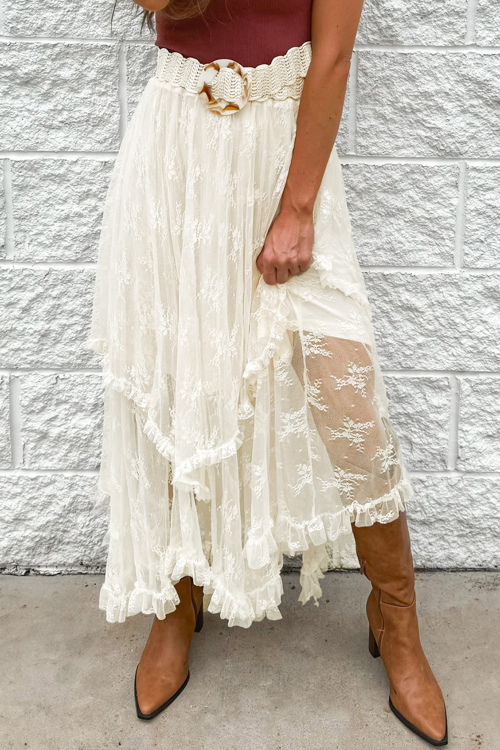 Apricot Lace Cascading Tiered High Waist Maxi Skirt