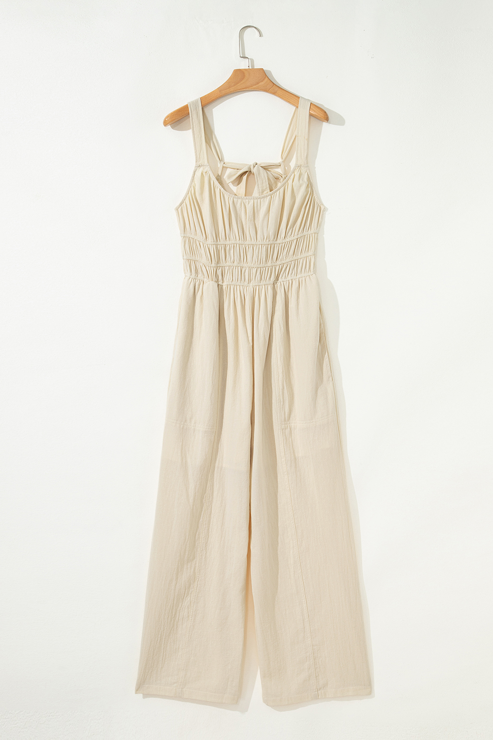 Beige Ruched High Waist Sleeveless Wide Leg Jumpsuit